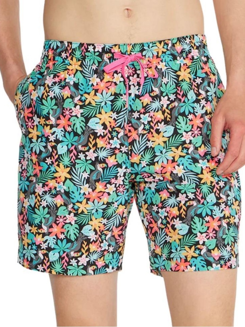 chubbies Black Tropical Floral Swim Trunks with Multicolor Print
